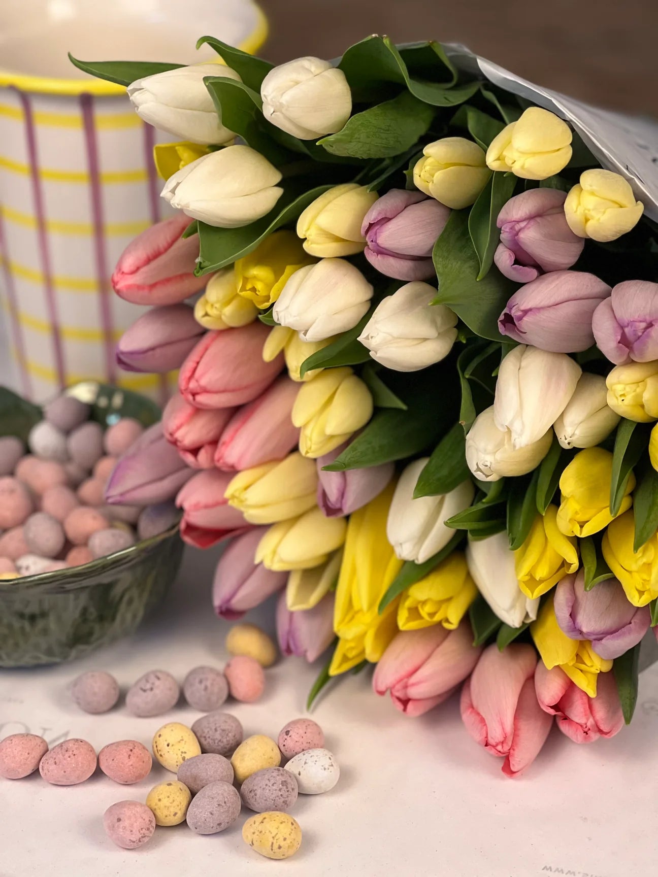 Smith & Munson Easter tulips in Mini-Egg colours  - available from Thursday 17th April